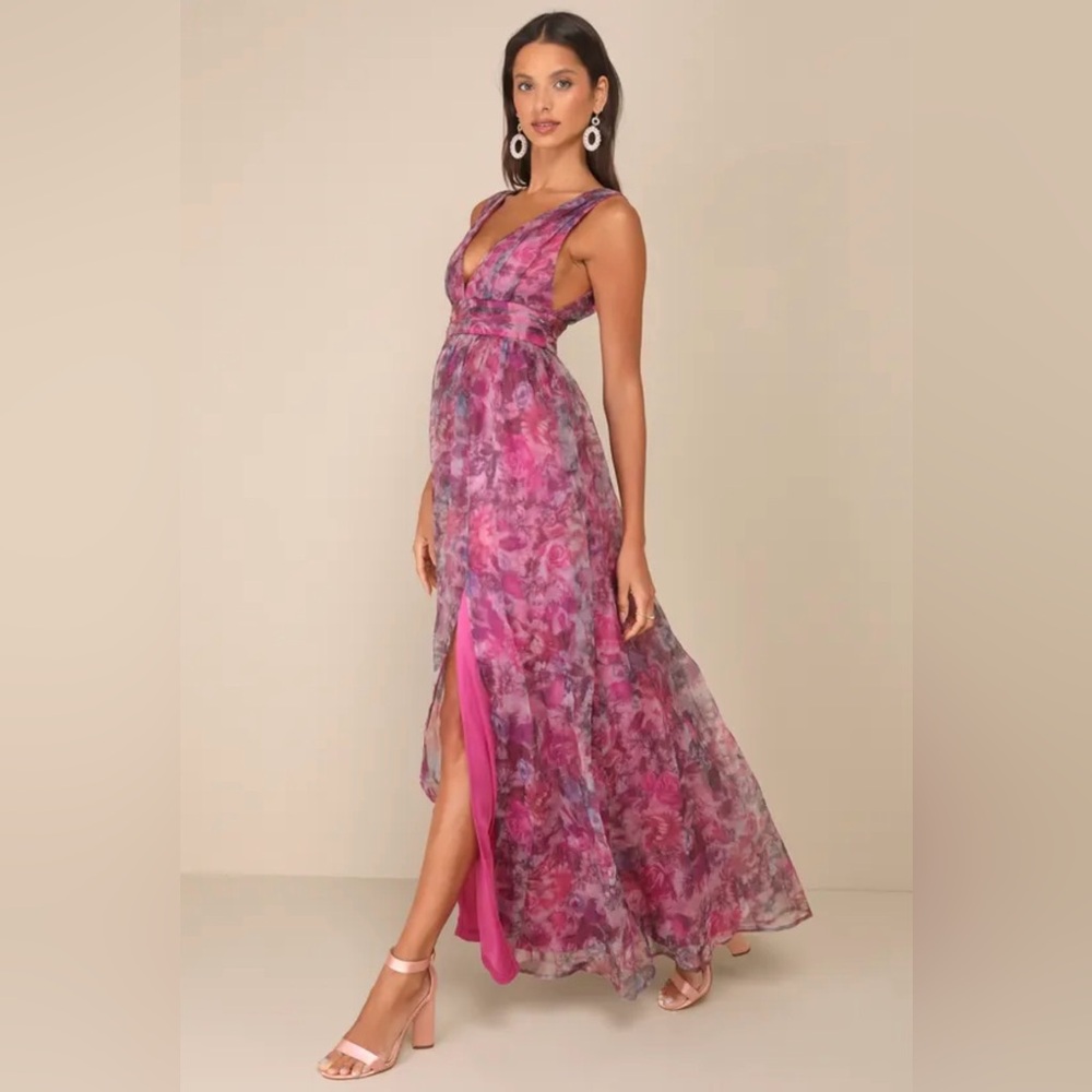 NWT Lulus Garden Romance Magenta Floral Print Organza Maxi Dress